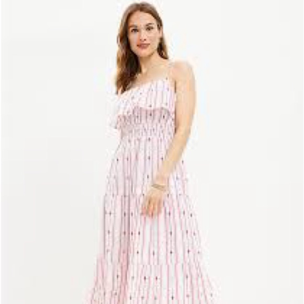 LOFT Red and White Striped Ruffle Strappy Midi Summer Dress